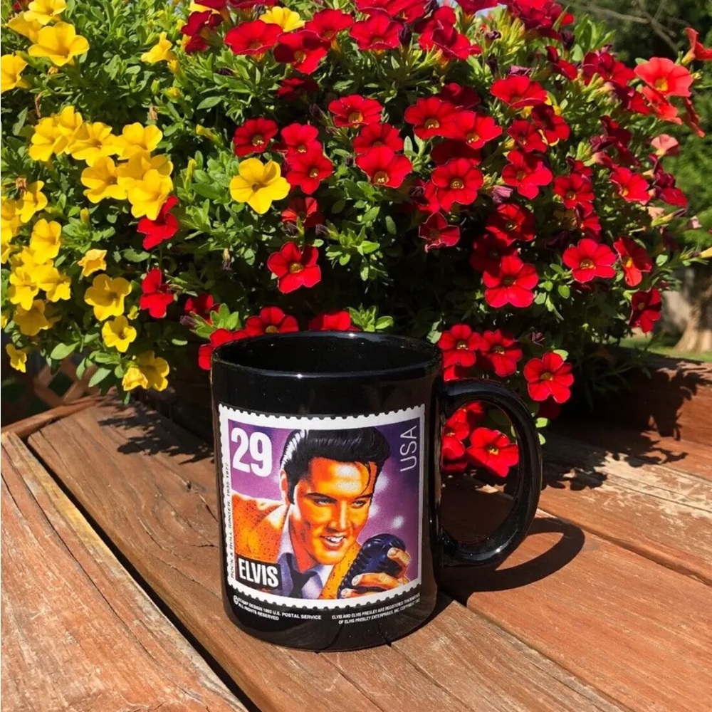 Elvis 29 Cent US Stamp Coffee Mug Cup Presley Enterprises Stamp Black Tea
